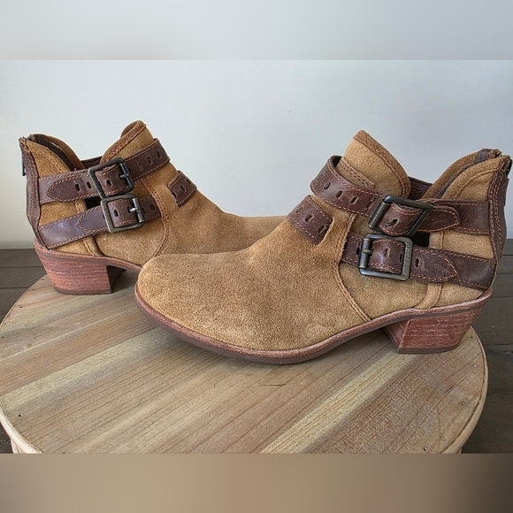 UGG Shoes - UGG Tan Suede Patsy Chestnut Buckle Ankle Booties- Womens SZ 6